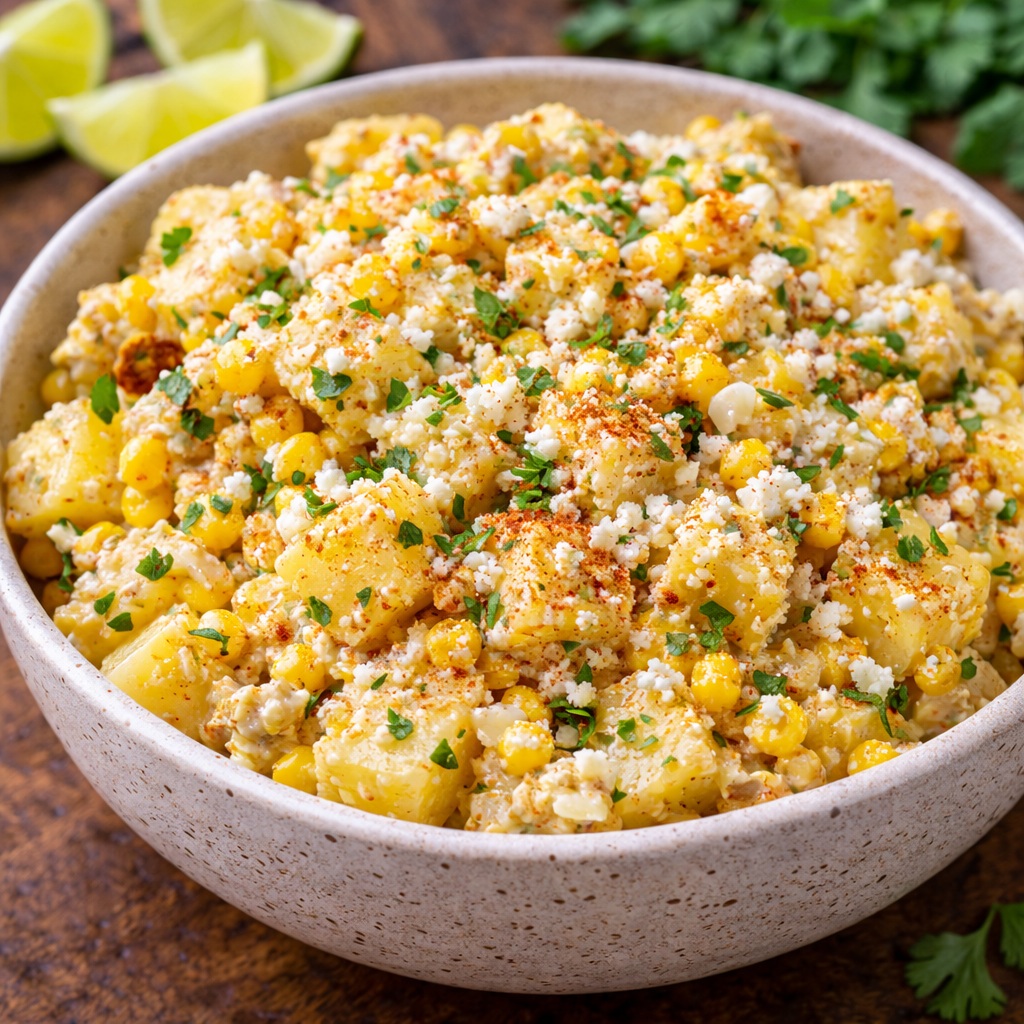 Creamy Mexican street corn potato salad loaded with roasted corn, tender potatoes, chili lime dressing, queso fresco, and smoky street corn flavor.