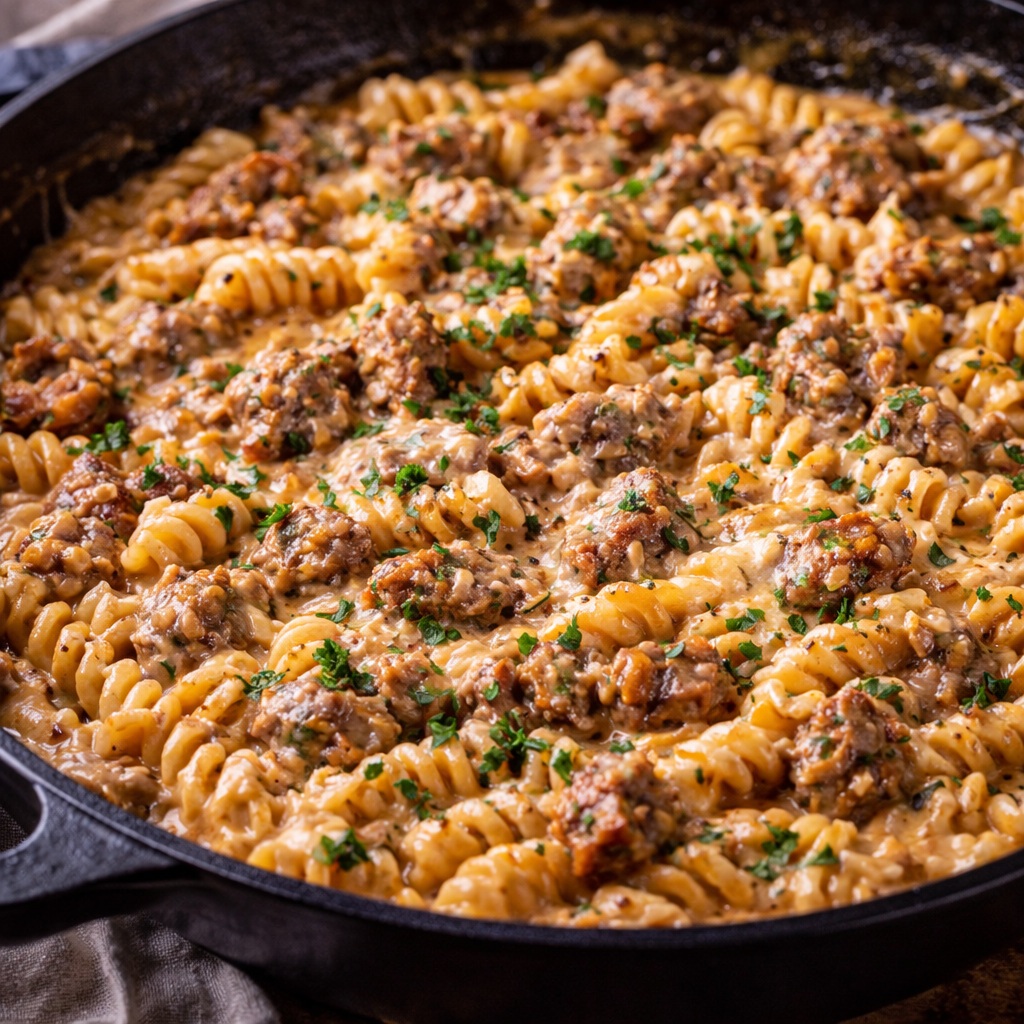 Creamy one-pan sausage pasta loaded with browned Italian sausage, garlic, parmesan, herbs, and tender pasta coated in a rich silky sauce.