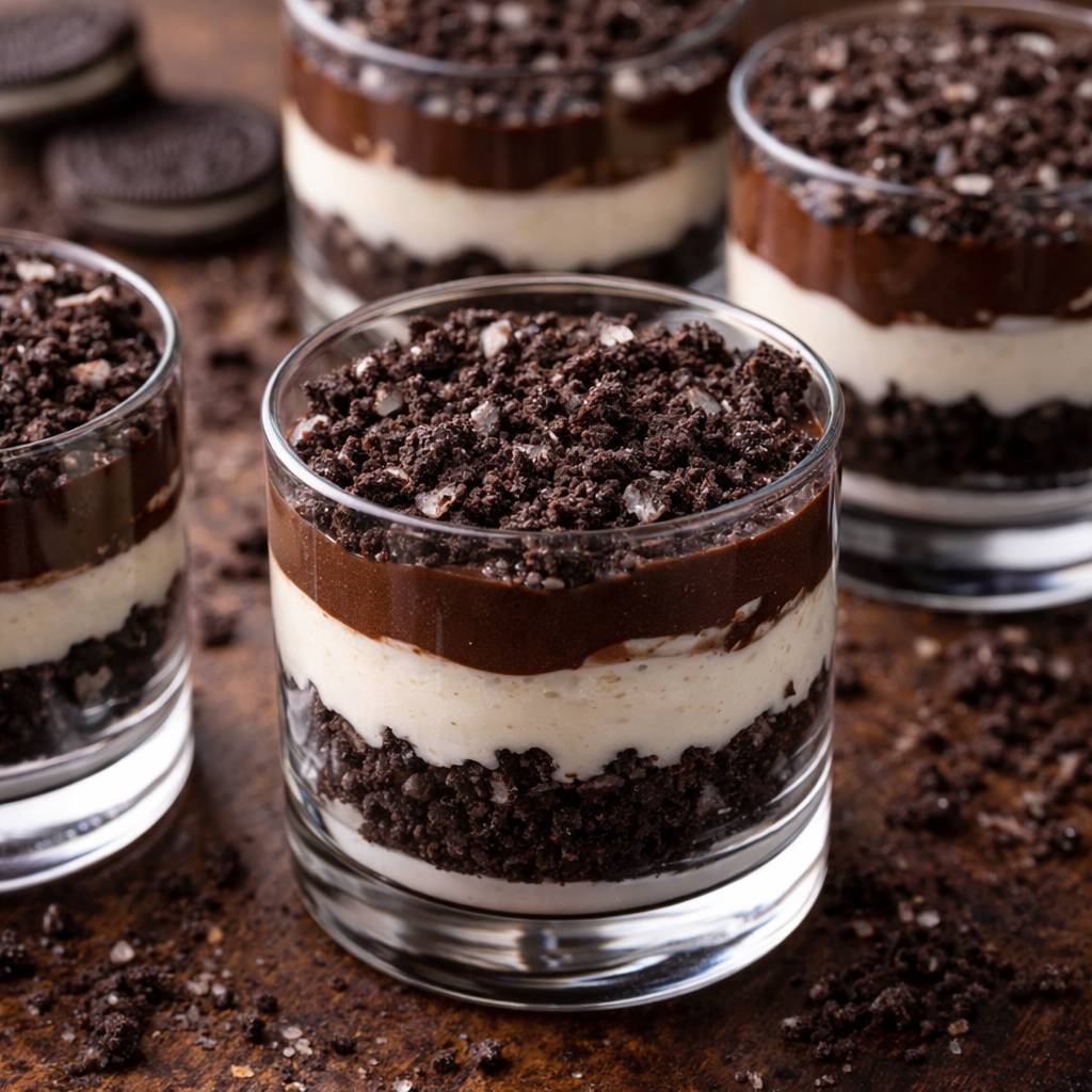 Layered Oreo dirt cake dessert cups made with crushed Oreos, chocolate pudding, cream cheese filling, and whipped topping in clear serving cups.