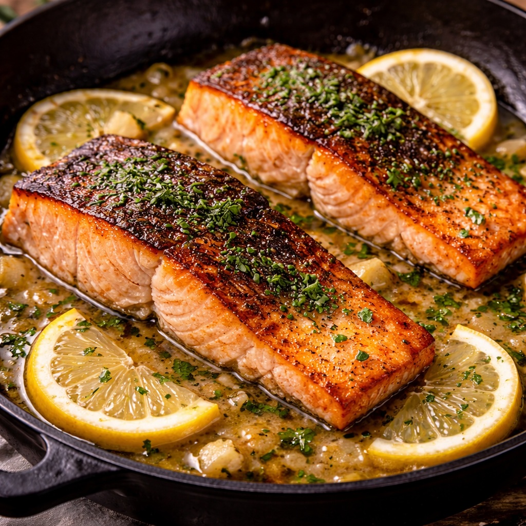 Golden crispy skin salmon fillets topped with buttery lemon garlic sauce and fresh parsley in a restaurant-style seafood dinner presentation.