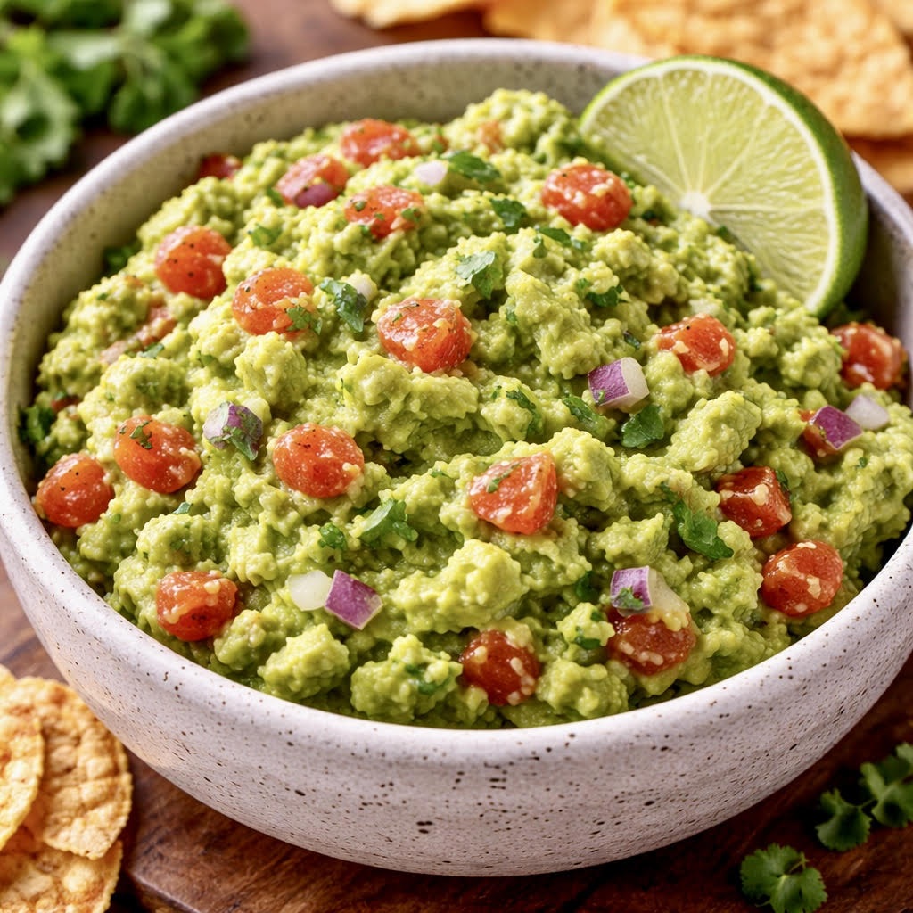 Chunky homemade guacamole made with ripe avocados, fresh lime juice, tomato, jalapeño, red onion, and cilantro served in a bowl with vibrant fresh toppings.