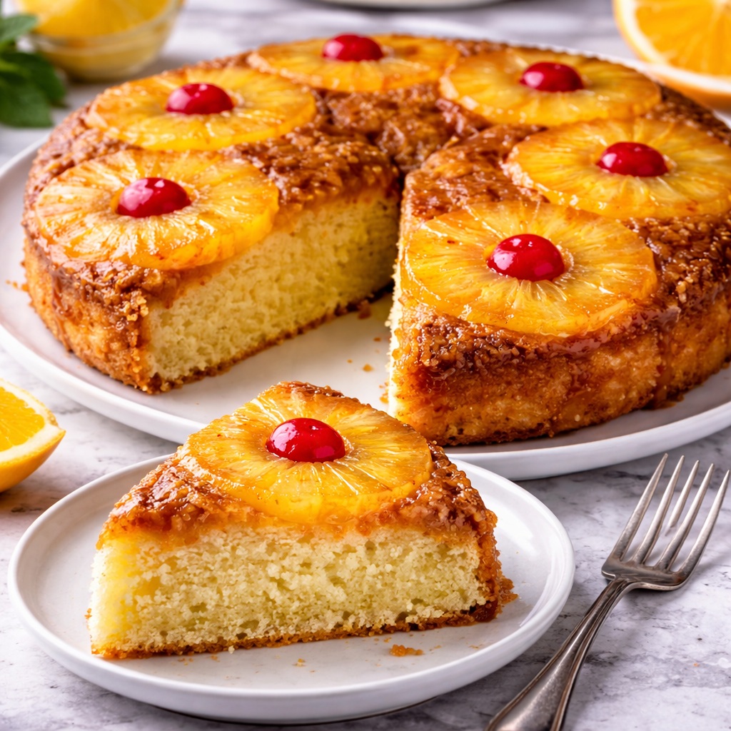 Golden pineapple upside-down cake with glossy caramel glaze, pineapple rings, and bright red cherries baked into a buttery soft cake.