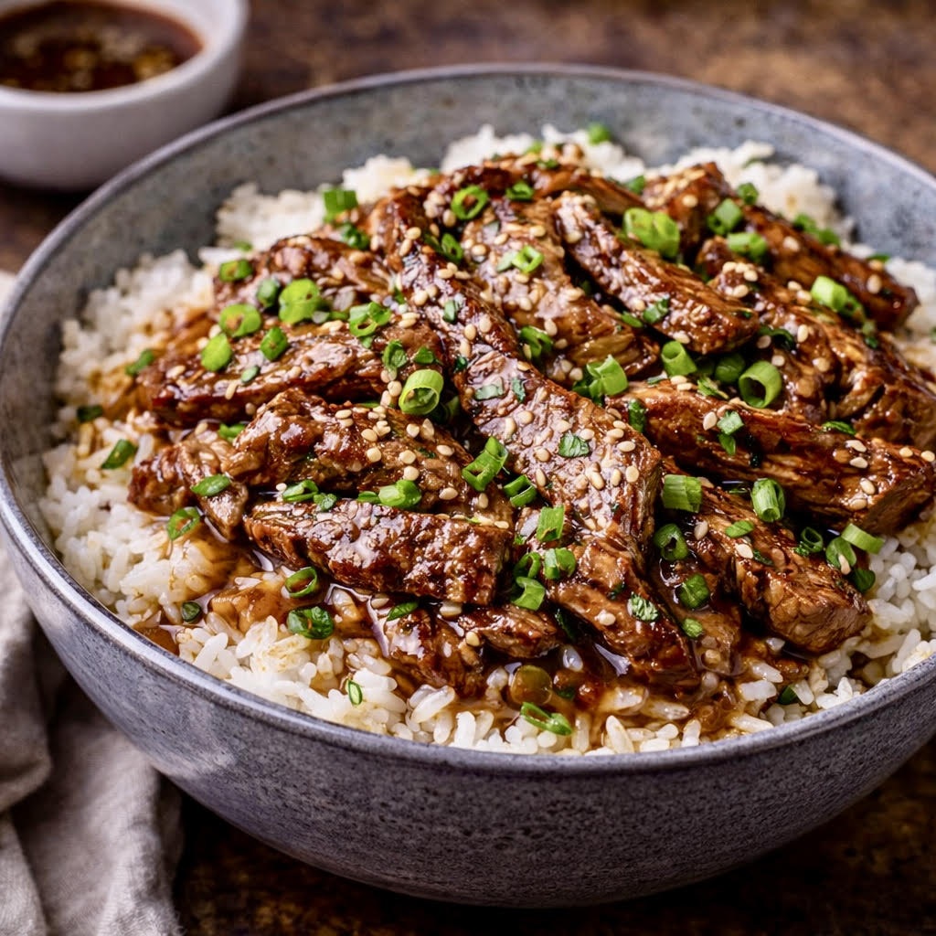 Quick steak and rice bowl with tender seared steak slices tossed in a garlic soy butter sauce over fluffy white rice and topped with fresh green onions.