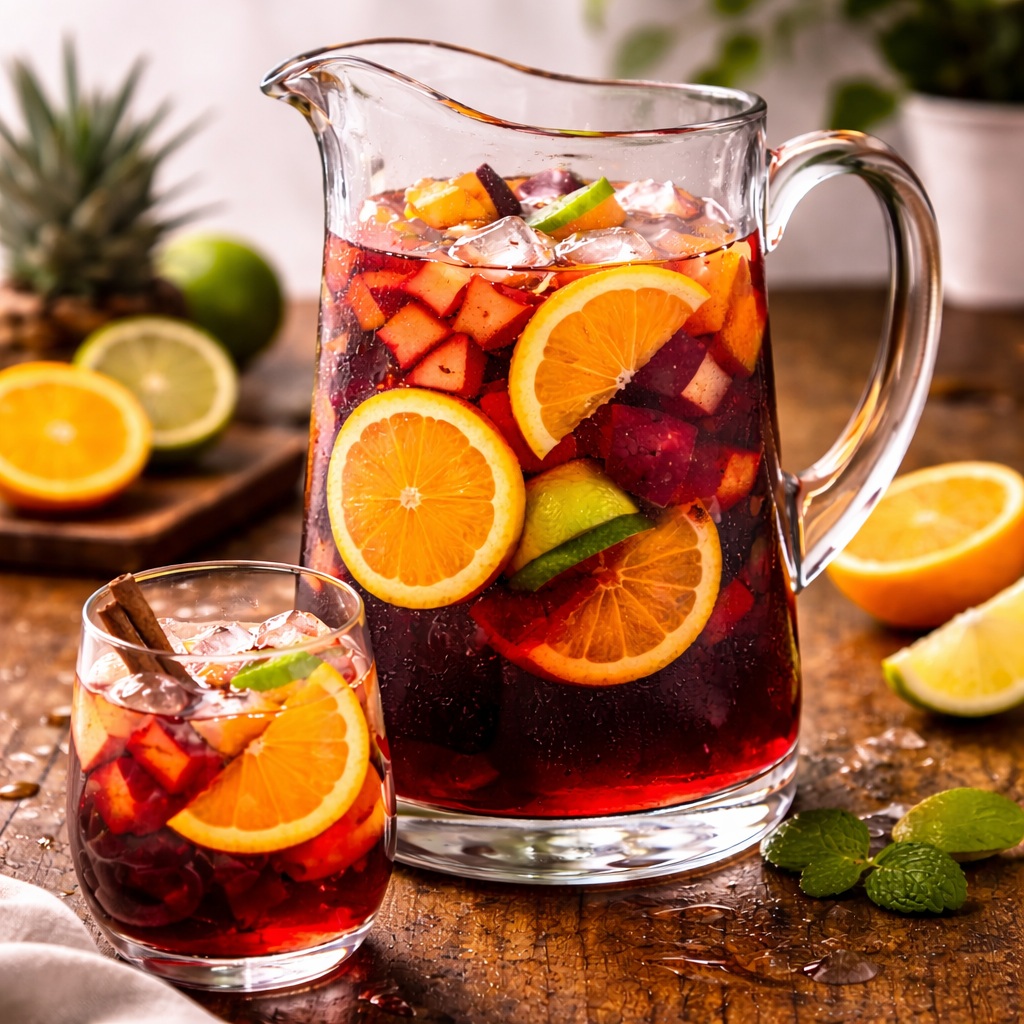 Refreshing classic red wine sangria in a glass pitcher with sliced oranges, lemons, apples, and ice.