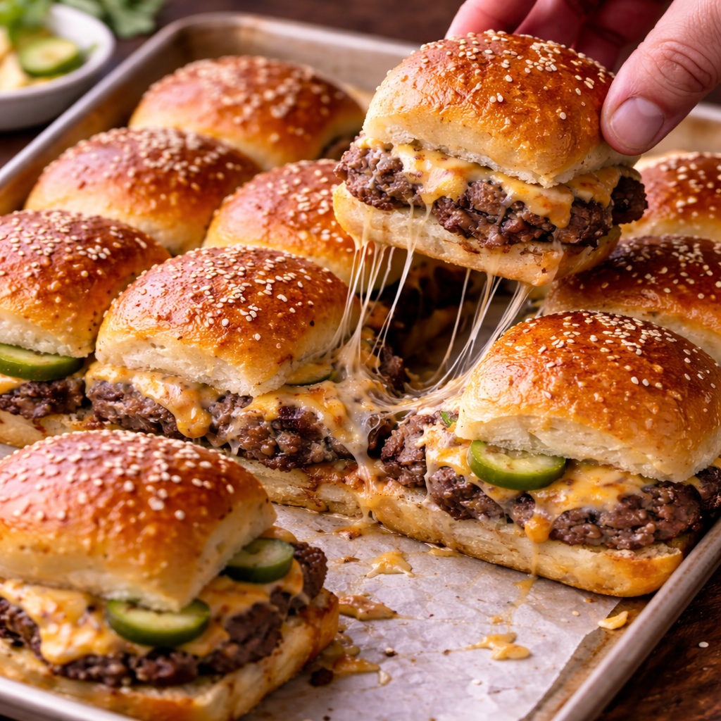 Juicy smashed cheeseburger sliders with crispy edges, melted cheddar cheese, buttery toasted Hawaiian rolls, pickles, and burger sauce served hot on a tray with seasoned fries.