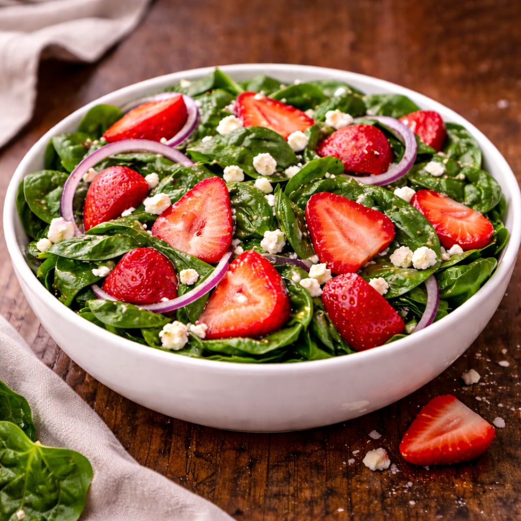 Fresh strawberry spinach salad topped with sliced strawberries, feta cheese, red onion, and balsamic dressing with optional balsamic glaze drizzle.