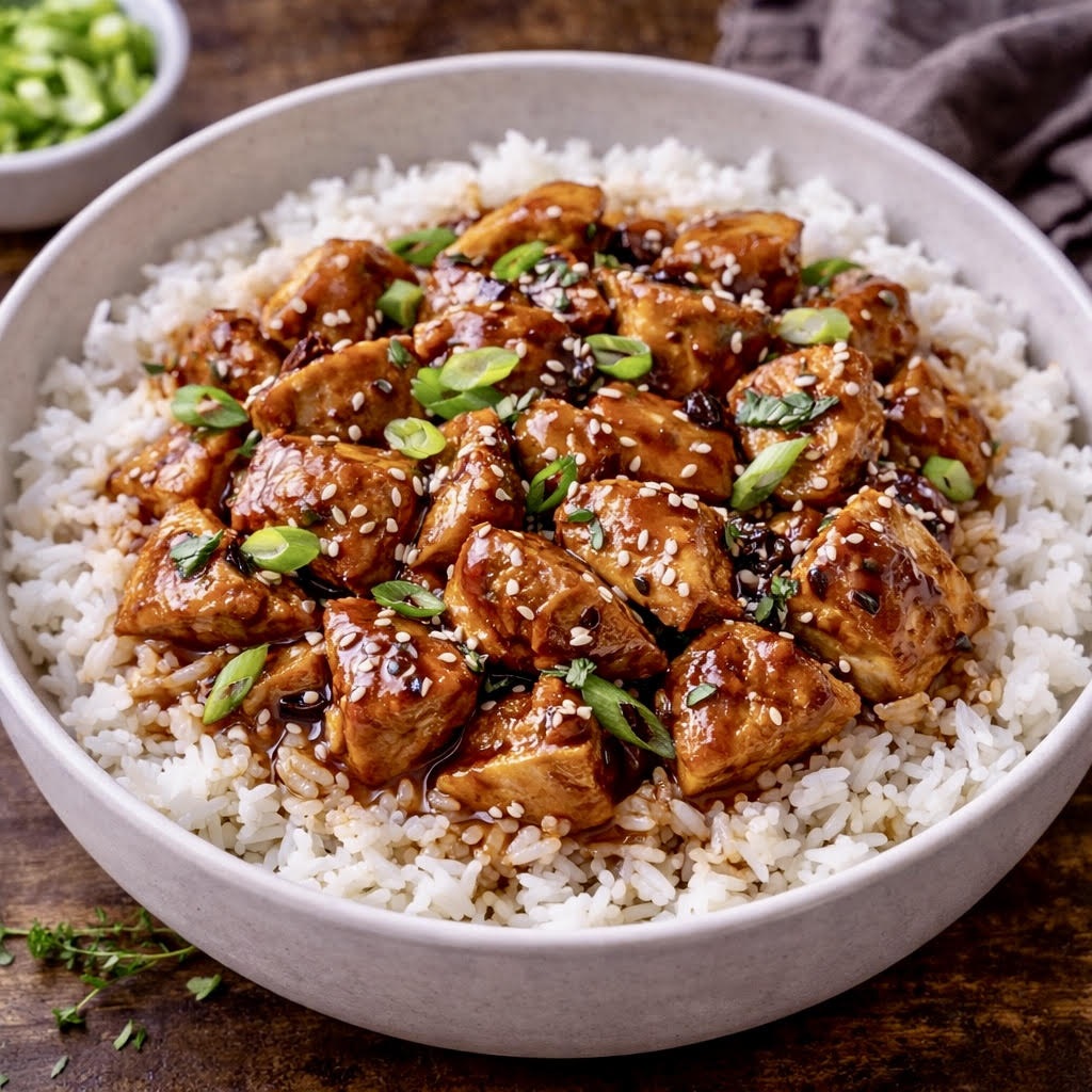 Sticky glazed teriyaki chicken tossed in a rich homemade garlic ginger teriyaki sauce and served over steamed rice with sesame seeds and green onions.
