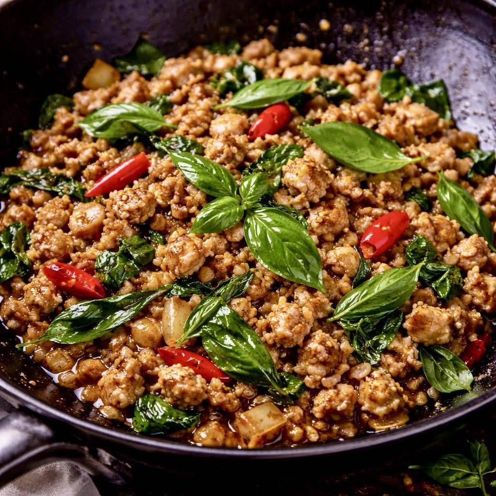 Spicy Thai basil chicken made with ground chicken, garlic, chilies, and fresh basil served over white rice with a fried egg.