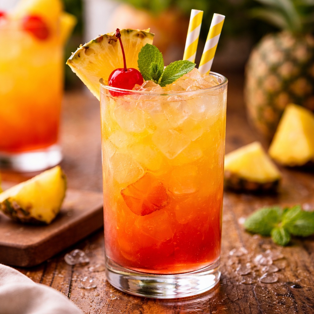 Tropical pineapple rum punch served over ice with pineapple garnish, mint, and cherries in a bright summer cocktail glass.