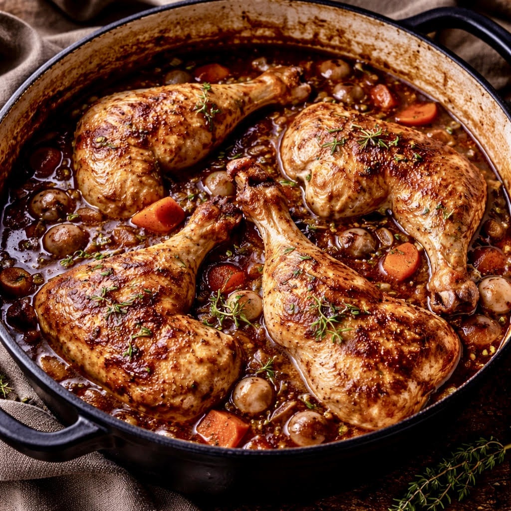 Rustic wine braised chicken quarters slowly simmered with red wine, garlic, carrots, herbs, and pearl onions in a rich savory sauce served in a Dutch oven with crusty bread.