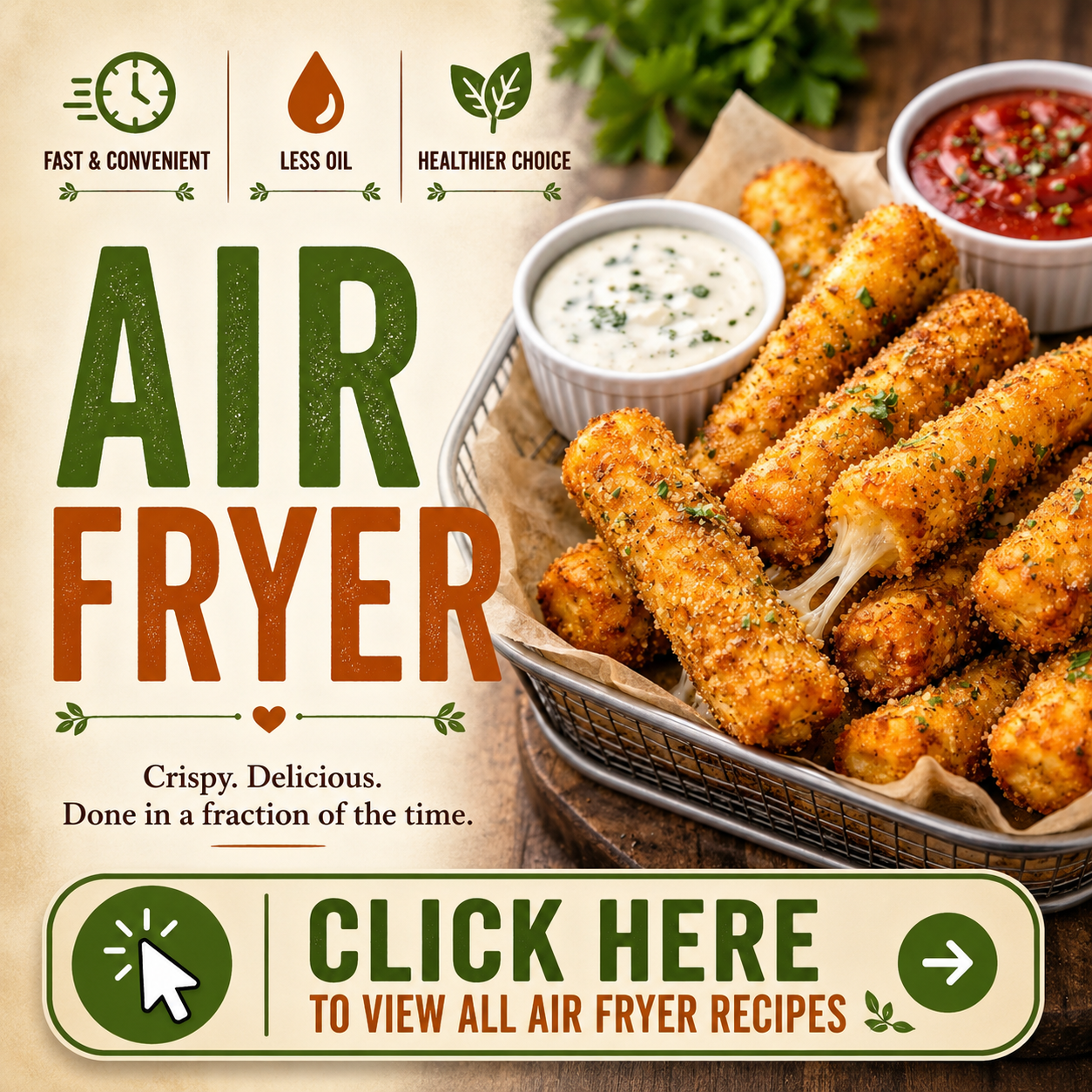 Air fryer recipes category featuring crispy mozzarella sticks and quick homeade meals.
