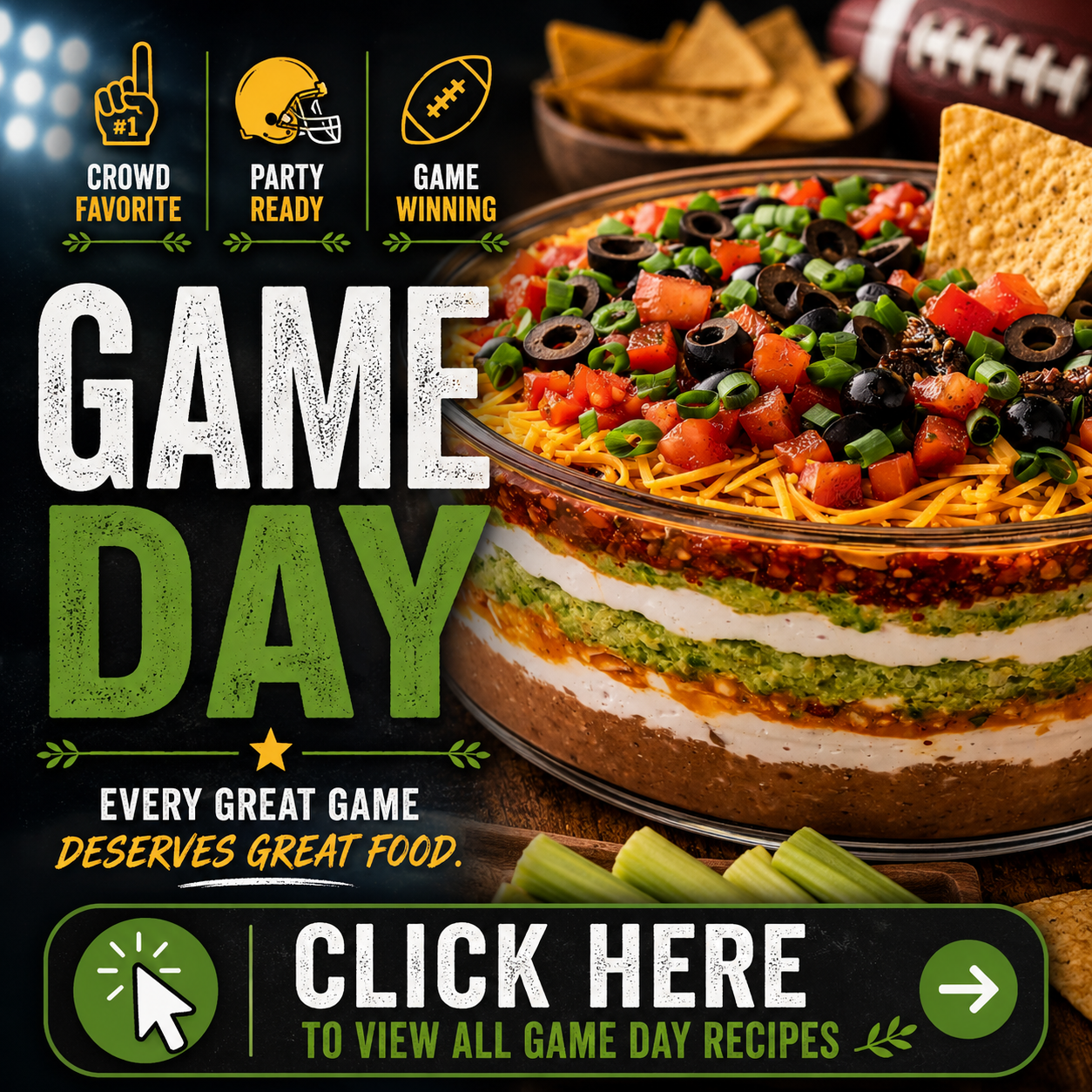 Game day recipes category featuring layered taco dip, party appetizers, and crowd-pleasing snacks.