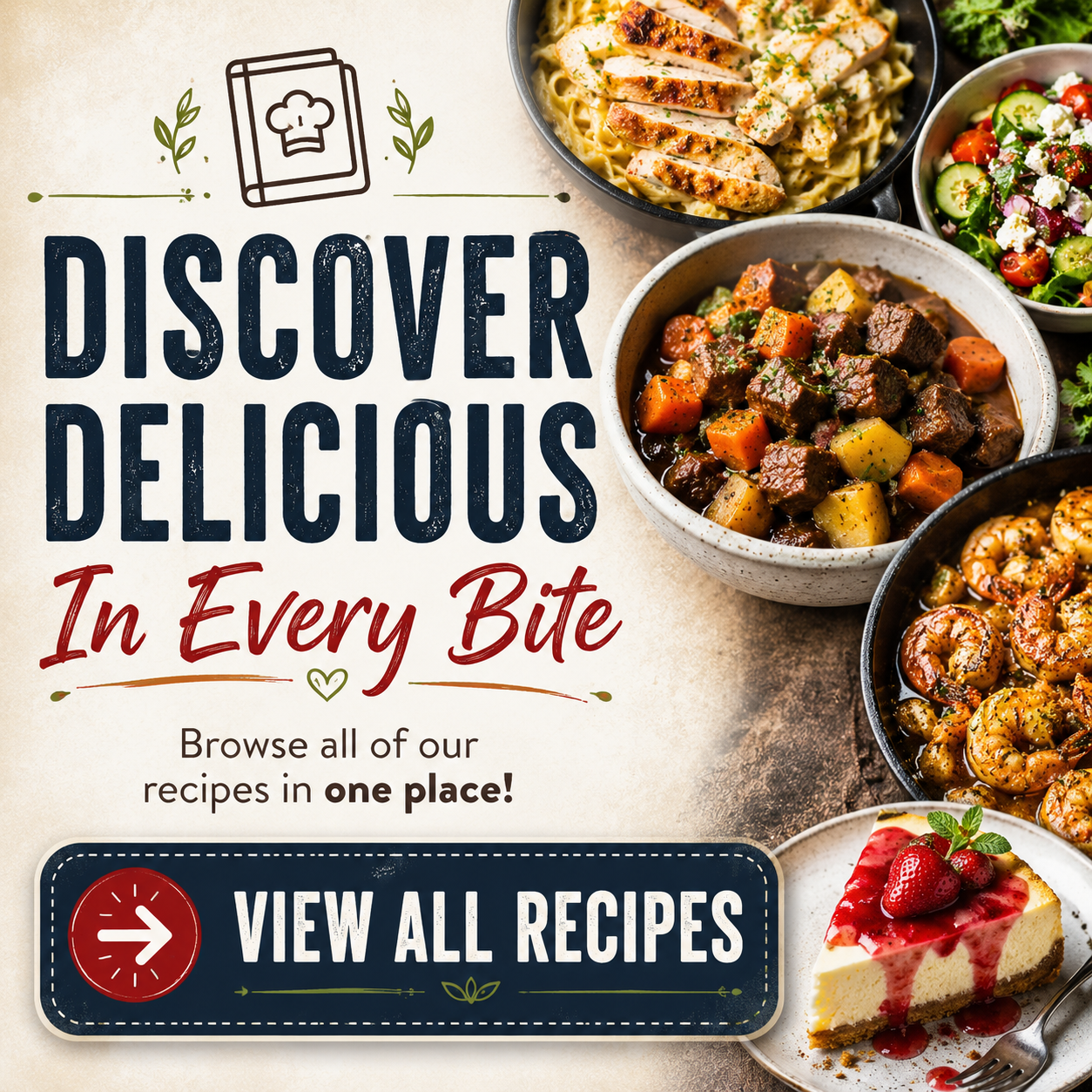 View All Recipes category image featuring a collection of homemade meals including chicken pasta, beef stew, seafood, fresh salad, and dessert with a button to browse all recipes.