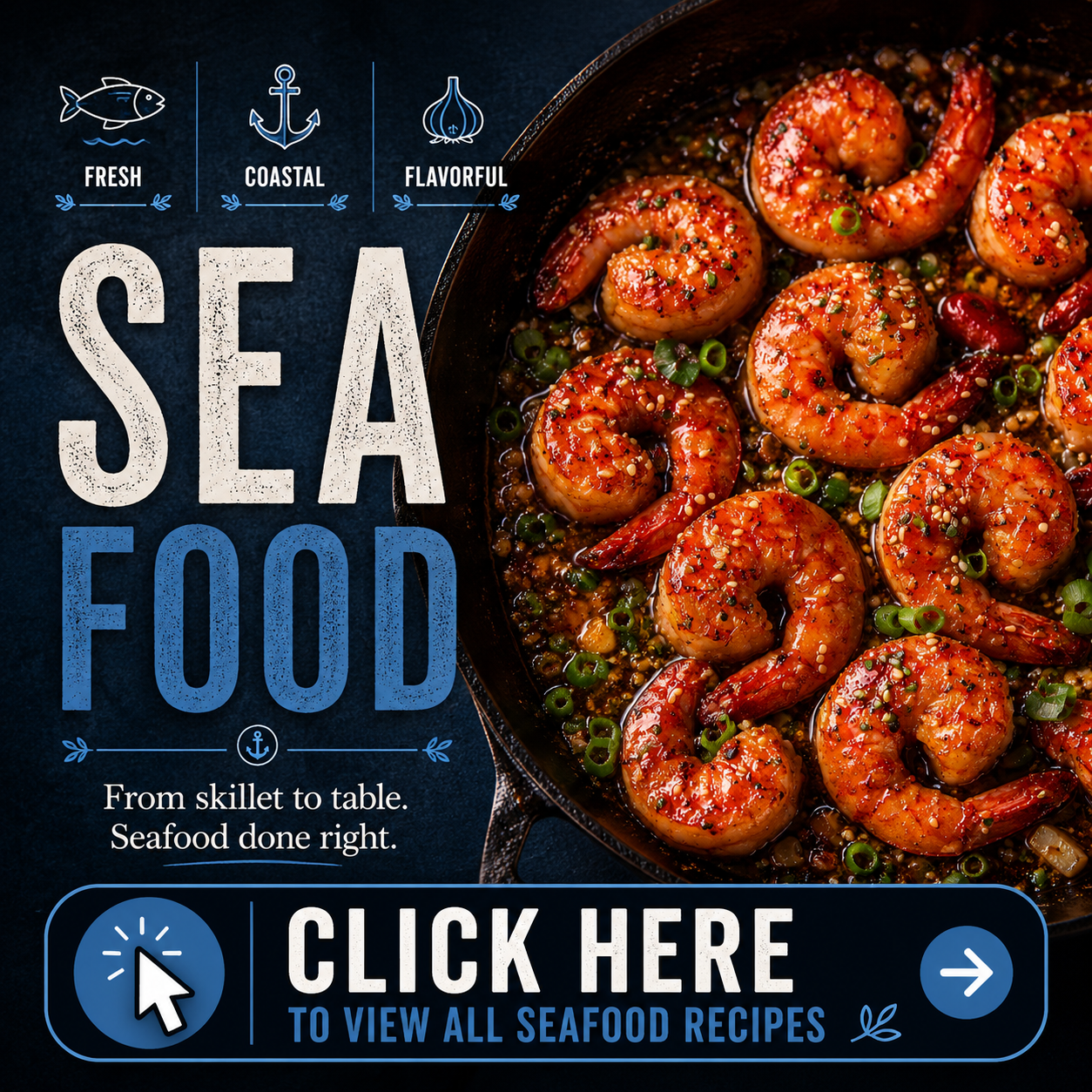 Seafood recipes category featuring garlic butter shrimp and coastal -inspired dishes.