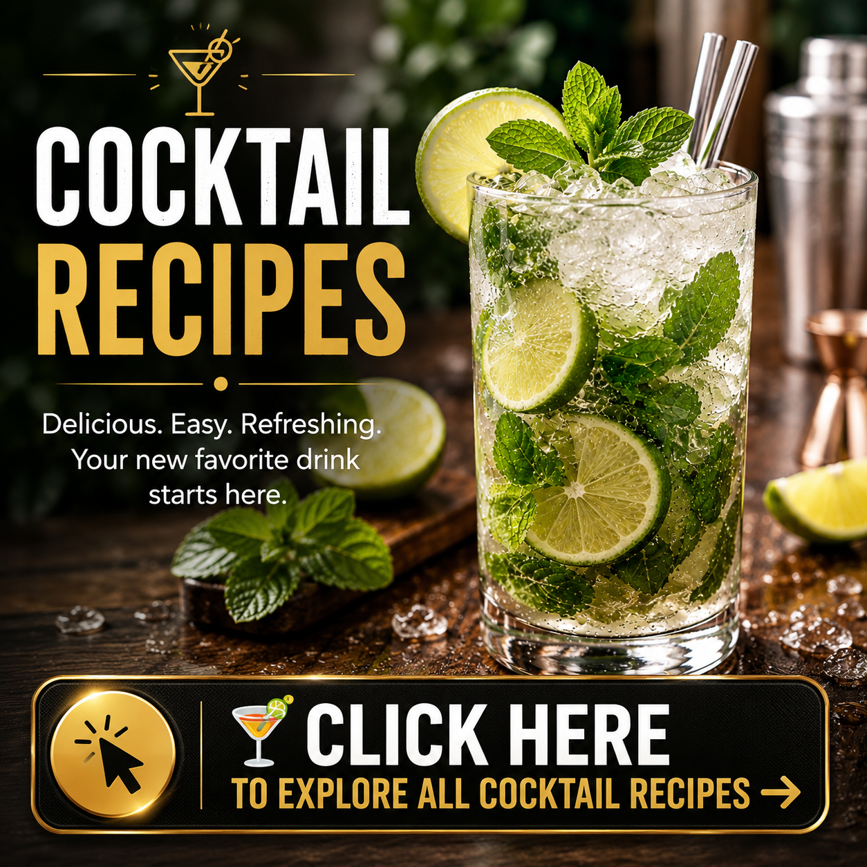 Cocktail recipes category featuring a refreshing mojito with mint, lime, and a clickable button to explore all cocktail recipes.