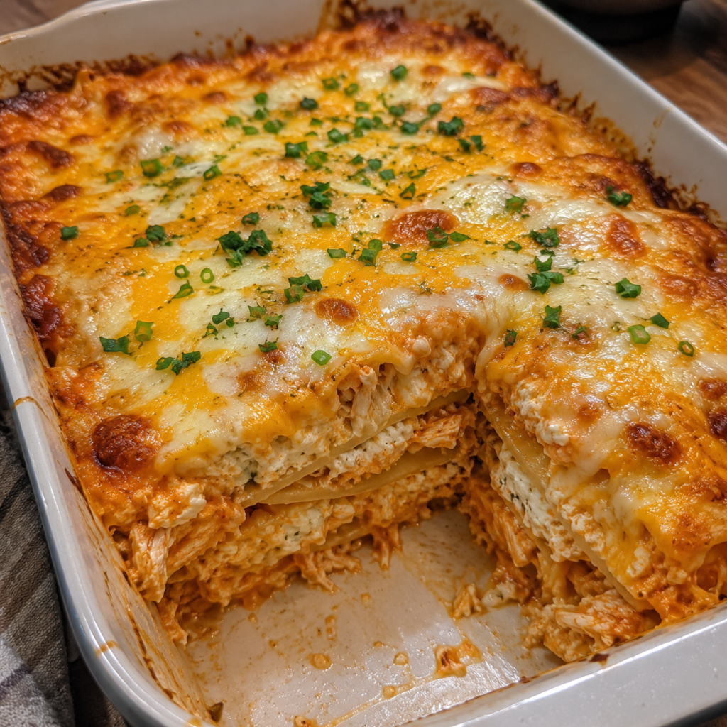 Homemade Buffalo Chicken Lasagna layered with shredded buffalo chicken, creamy ricotta filling, melted mozzarella, sharp cheddar, parmesan cheese, topped with chopped green onions and baked until golden and bubbly.