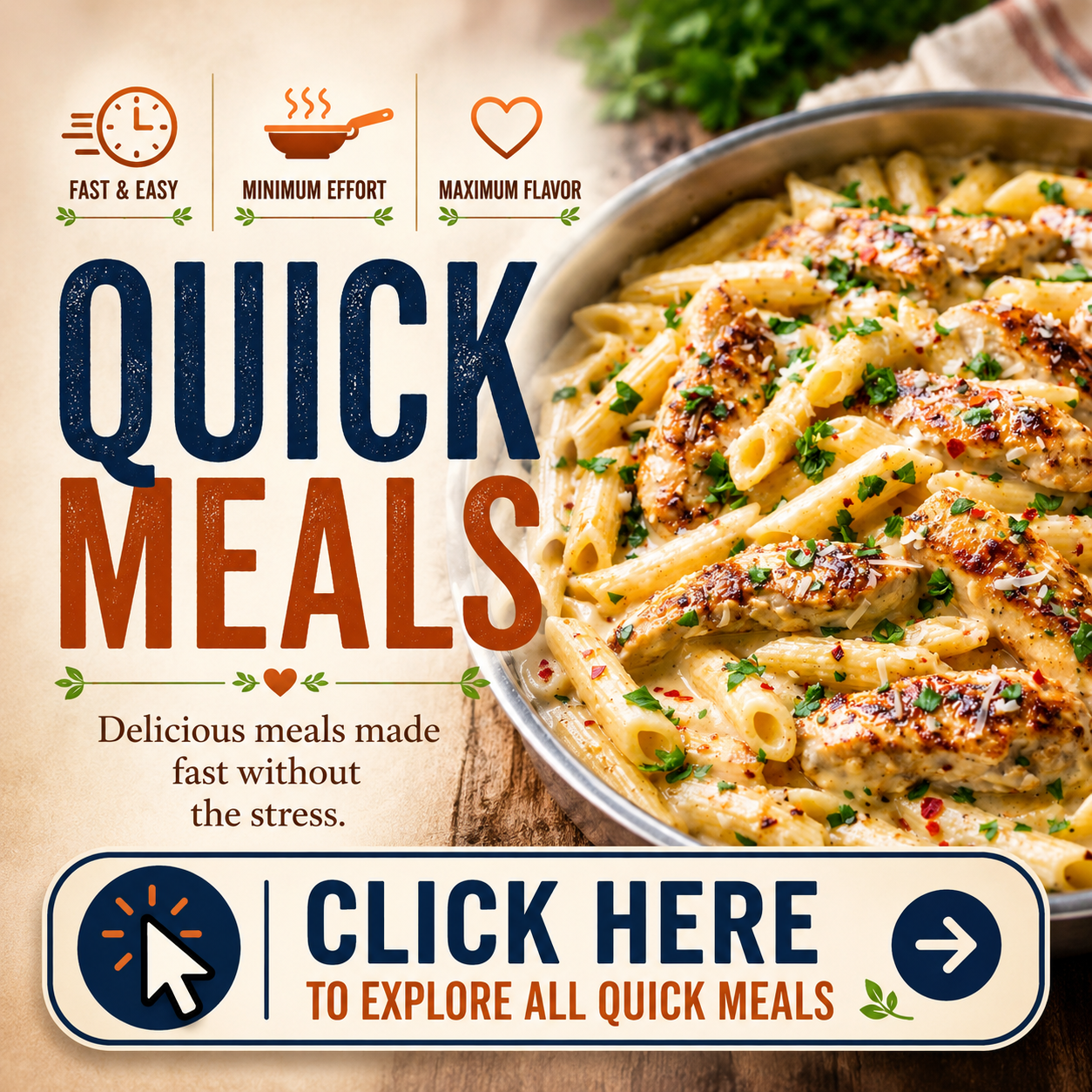 Quick meal recipes featuring easy pasta dishes, one-pan dinners, and fast family meals.