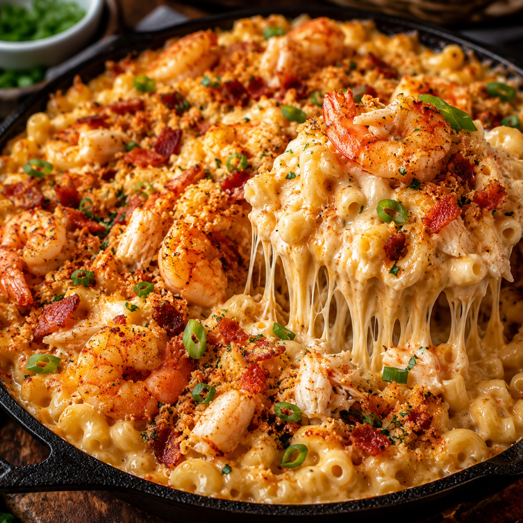 Creamy Cajun shrimp and crab mac and cheese baked with a crispy panko topping, bacon crumbles, green onions, and a gooey cheese pull.
