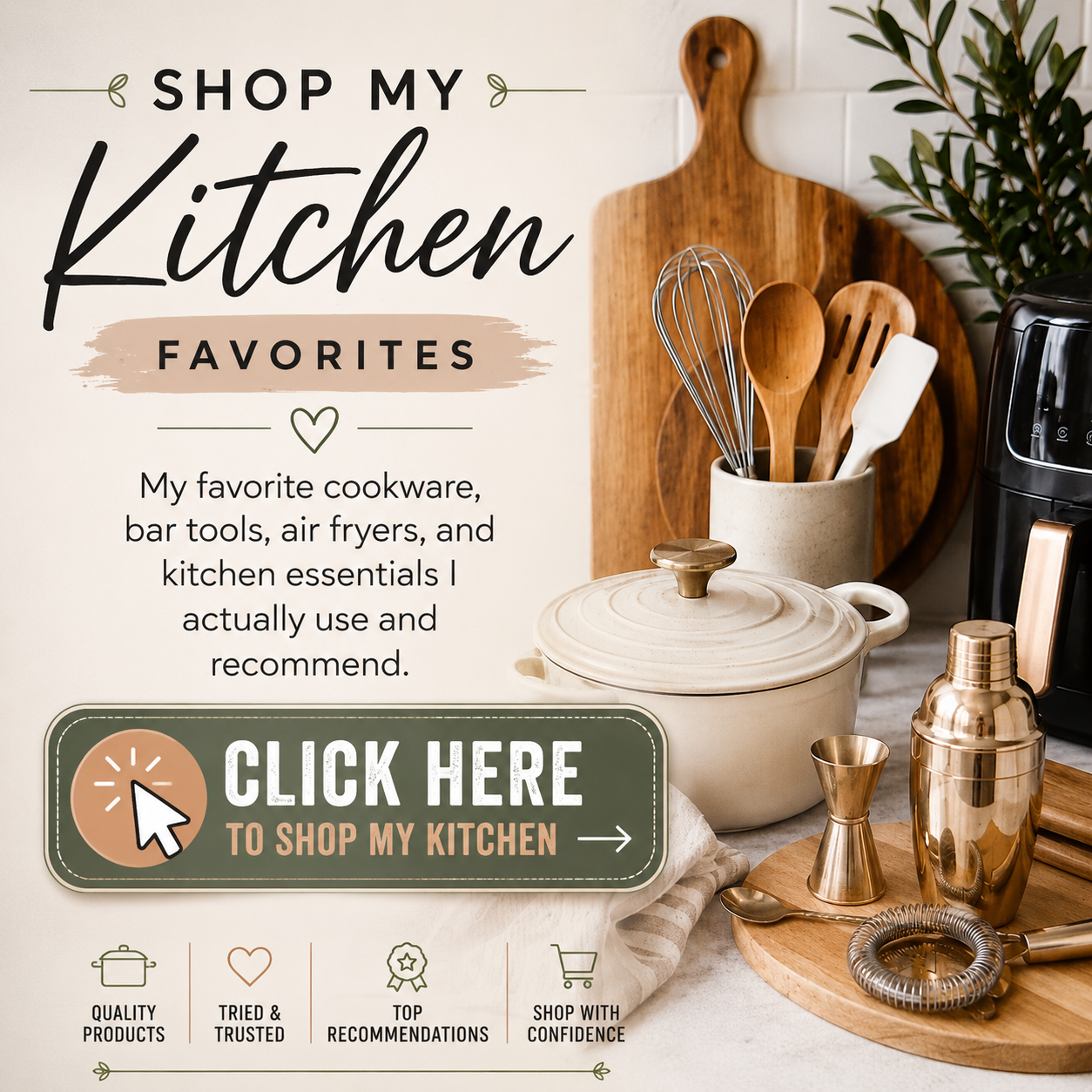 Shop My Kitchen favorites featuring cookware, bar tools, air fryers, and recommended kitchen essentials.
