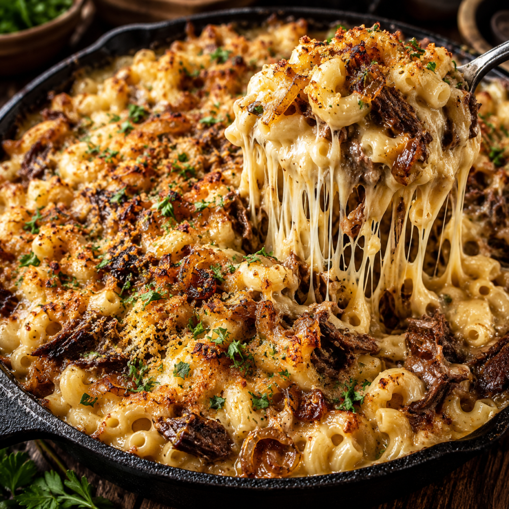 Creamy French Onion Beef Mac and Cheese topped with shredded French onion braised chuck roast, melted Gruyère cheese, toasted panko breadcrumbs, and fresh parsley.