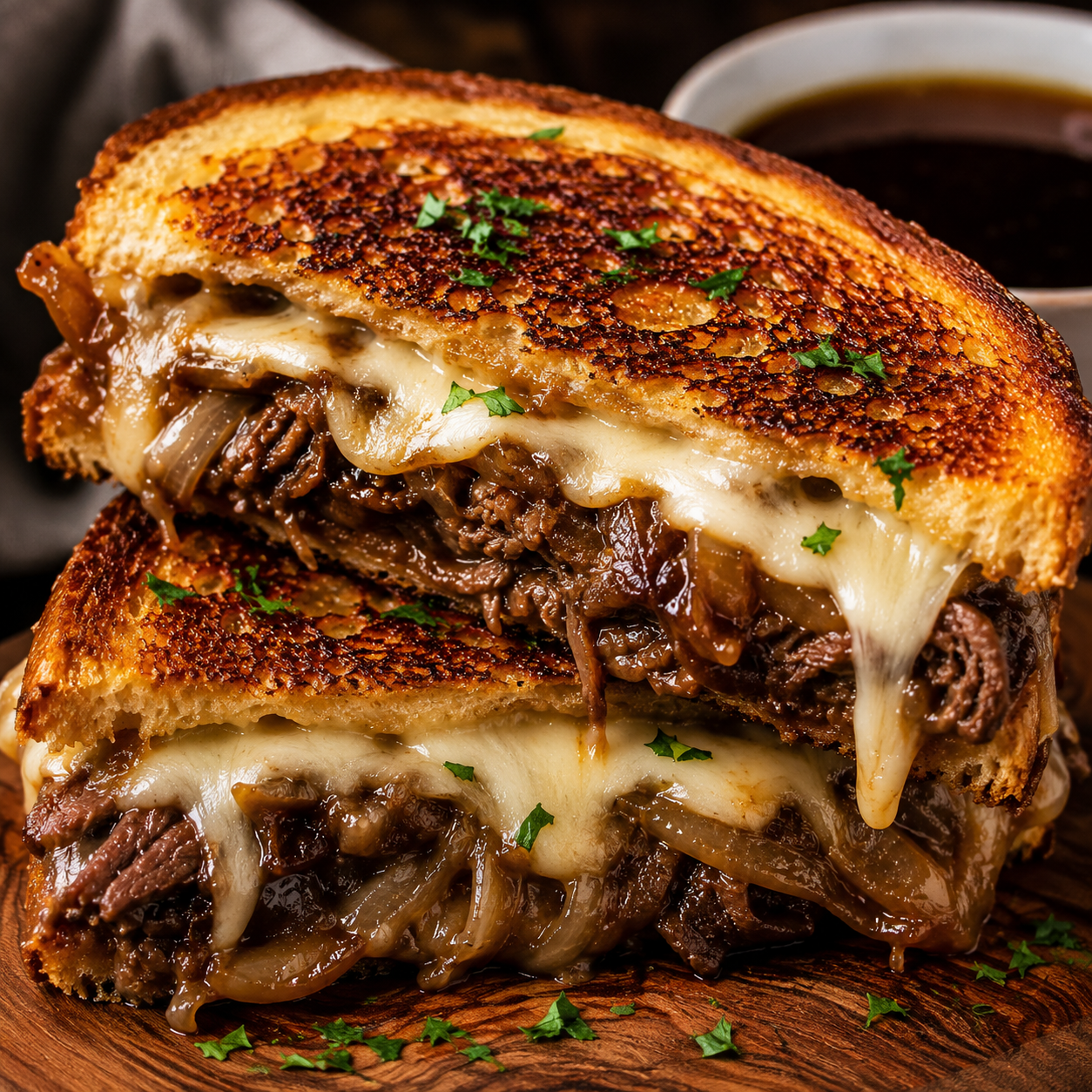 Golden brown French Onion Grilled Cheese sandwich loaded with tender shredded beef, caramelized onions, melted Gruyère cheese, and served with rich au jus for dipping.