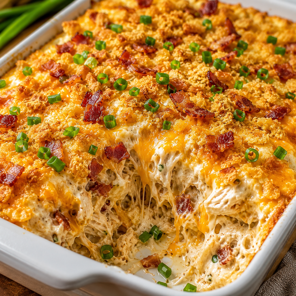 Million Dollar Chicken Bake with tender shredded chicken in a rich creamy cheese sauce, topped with crispy buttery Ritz cracker crumbs, crispy bacon, chopped green onions, and melted cheddar cheese.