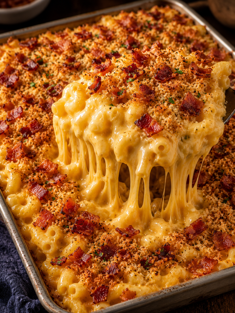 Creamy baked three-cheese macaroni and cheese with a golden buttery topping and gooey cheese pull.