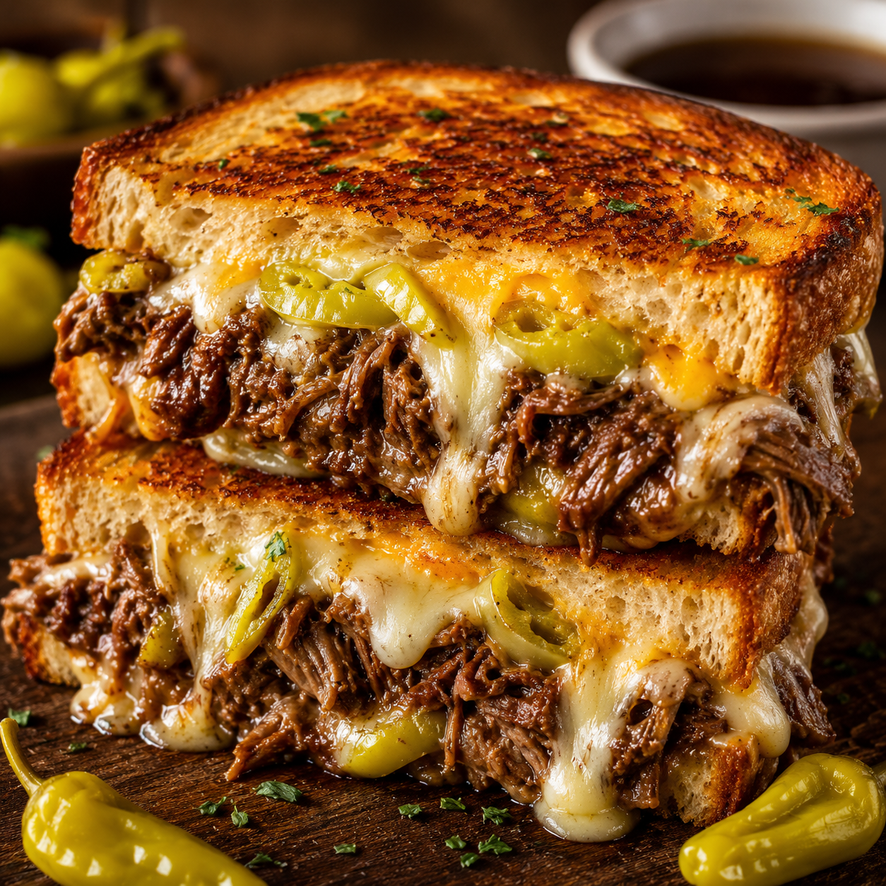 Golden-brown Mississippi Pot Roast Grilled Cheese loaded with shredded Mississippi pot roast, melted provolone and cheddar cheese, and buttery toasted sourdough bread.