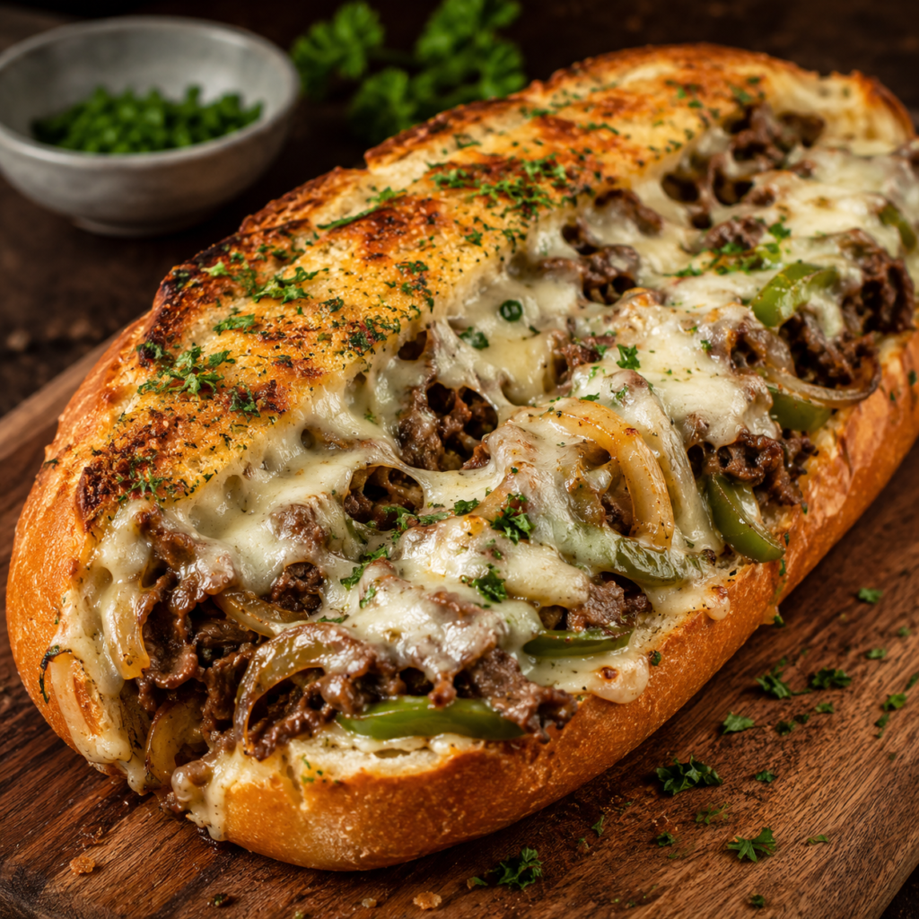 Philly Cheesesteak Stuffed Garlic Bread loaded with seasoned beef, sautéed onions and green peppers, melted provolone cheese, garlic butter, and fresh parsley.